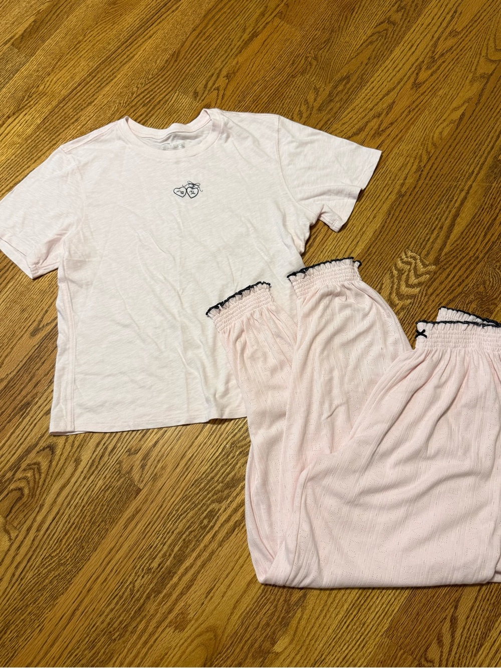 aerie Light Pink Short Sleeve Top & Pajama Pants Set with Black Trim